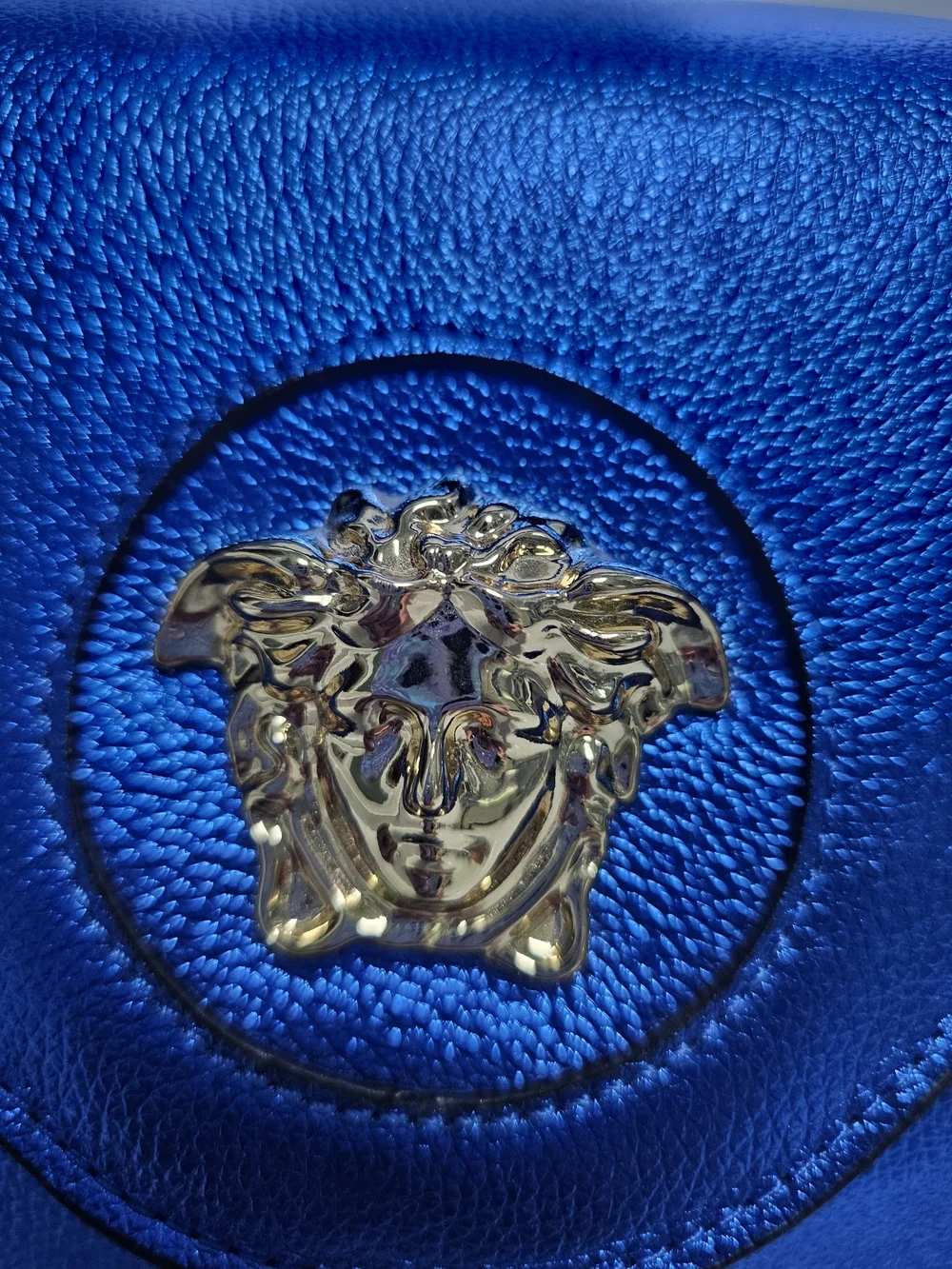 Metallic Blue Top-Handle Satchel with Gold Chain Accent - Picture 5 of 13
